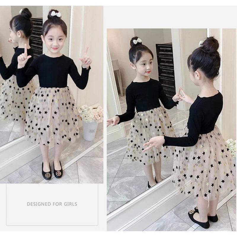 Girls' Stylish Birthday Outfit Kids Star Gauze Dress, Spring and Autumn, Long-Sleeved Casual Comfortable Outfit